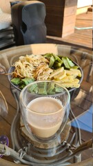 pasta with salmon, cheese,latte , coffee