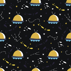 Seamless pattern with elements of the universe. Ufo, stars and constellations, flying saucer. Colorful vector illustration hand drawn. Print or packaging, textile or card