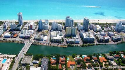 Aerial shot of South Beach Miami, Florida and the Atlantic Ocean from a seaplane.