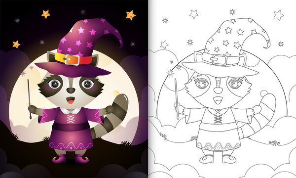 coloring book with a cute raccoon using costume witch halloween