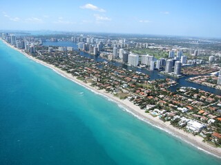 Aerial view from seaplane of Golden Beach and Sunny Isles Beach, Florida.