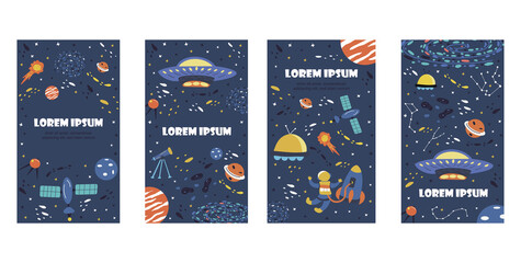 Obraz na płótnie Canvas Set of space backgrounds for social media stories. Blue banners with elements of the universe. Planets and constellation, flying saucer, telescope and ufo. Colorful vector illustration hand drawn