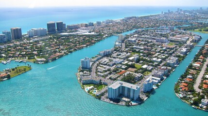 Aerial view from seaplane of Bay Harbor Islands and Surfside, Florida
