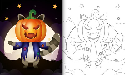 coloring book with a cute raccoon using costume scarecrow and pumpkin halloween
