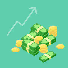 Banknotes and Coin Stack Vector. Growth, Successful.
