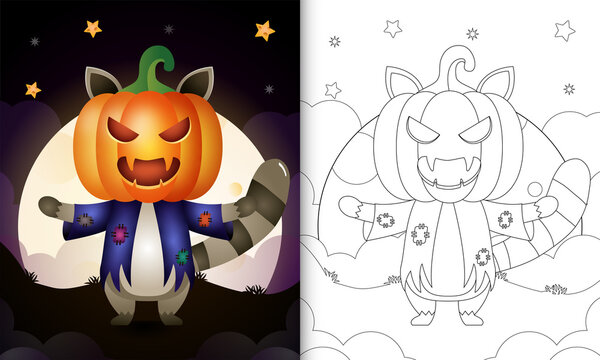 coloring book with a cute raccoon using costume scarecrow and pumpkin halloween