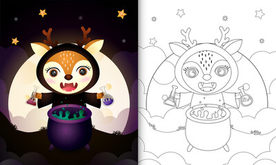 coloring book with a cute deer using costume witch halloween