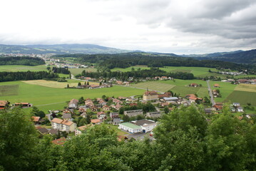 Fototapeta na wymiar Aerial view of Gruyeres in the canton of Fribourg, Switzerland