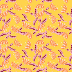 Random seamless pattern with little poppy flowers print. Yellow bright background. Floral elements.
