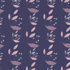 Pink and purple berries and leaves seamless doodle pattern. Navy blue background. Wild forest backdrop.