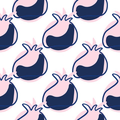 Isolated pink and navy blue pomegranate elements print. White background. Doodle simple style.