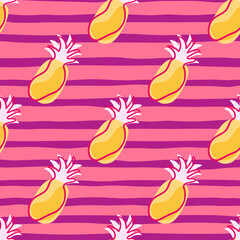 Yellow contoured seamless pattern with doodle pineapples shapes. Pink striped background. Simple style.