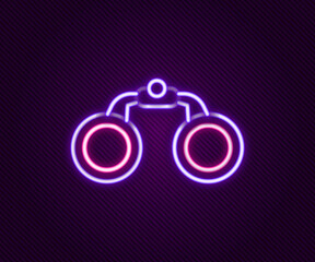 Glowing neon line Binoculars icon isolated on black background. Find software sign. Spy equipment symbol. Colorful outline concept. Vector