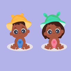  Black baby boy and girl. Newborn baby boy and girl. Illustration of a black baby boy and girl. Black baby newborn baby sitting in a panama