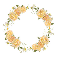 Tender vintage Wreath - Realistic Watercolor yellow and pink roses. For textile print or wallpaper design, an invitation for a wedding, card design.