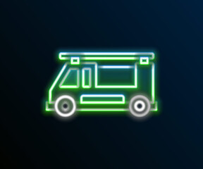 Glowing neon line Fire truck icon isolated on black background. Fire engine. Firefighters emergency vehicle. Colorful outline concept. Vector