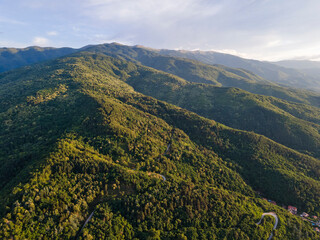 Fototapeta premium Aerial Sunset view of Belasitsa Mountain, Bulgaria
