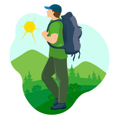 The tourist travels through the mountains on a bright sunny day. Vector illustration on a white background.