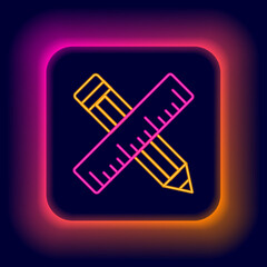 Glowing neon line Crossed ruler and pencil icon isolated on black background. Straightedge symbol. Drawing and educational tools. Colorful outline concept. Vector