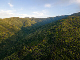 Fototapeta premium Aerial Sunset view of Belasitsa Mountain, Bulgaria
