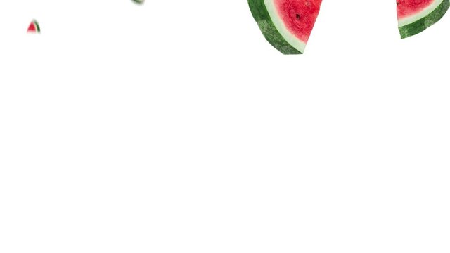many red ripe watermelon slices falling down above a white background. realistic 3d food. advertising concept with copy space