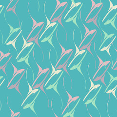Abstract seamless pattern. Pink and beige elements on a turquoise background. Marine motive. Multicolored abstract scans in the sea. For wallpapers, backgrounds and textiles.