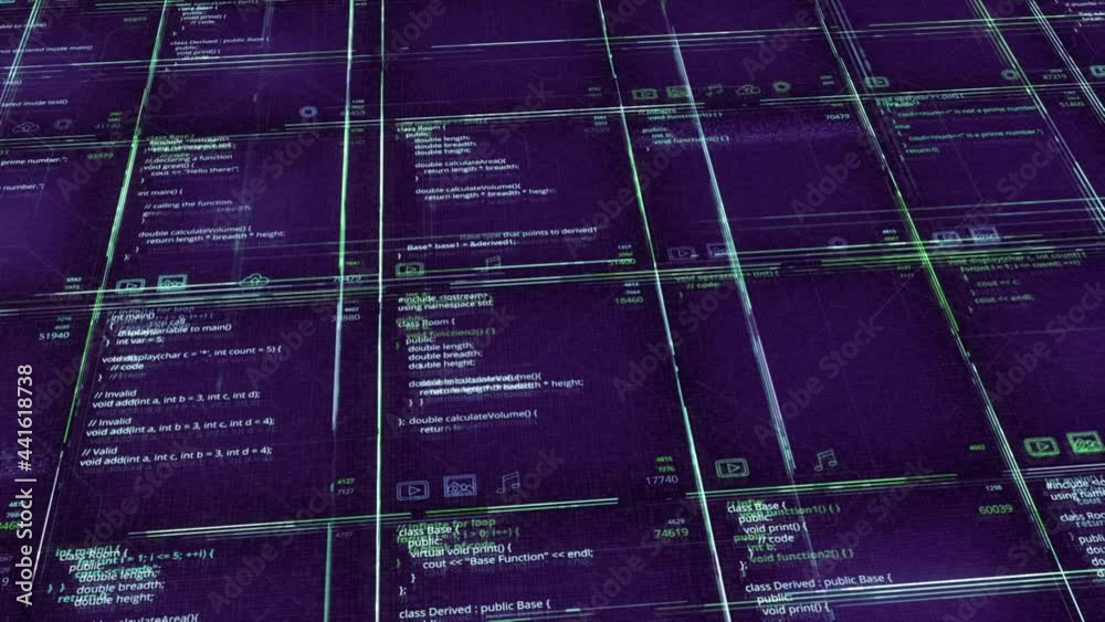Poster streaming digital data abstraction with numbers and letters in rows of square shapes. animation. vio
