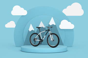 Fototapeta na wymiar Black and White Mountain Bike over Blue Cylinders Products Stage Pedestal with Clouds and Mountains. 3d Rendering