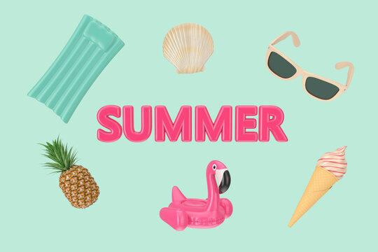 Pink Summer Sign with Summer Beach Object. 3d Rendering