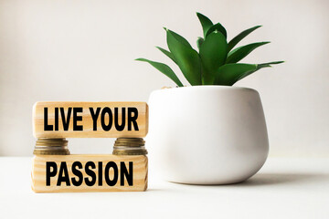 text LIVE YOUR PASSION on wooden cubes, with plants, coins, and stationery items. business concept