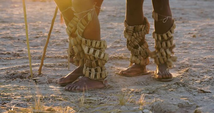 Close-up portrait view of San people (Bushmen) feet with dancing rattles