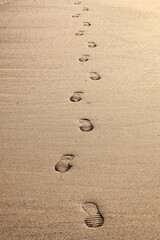 Closeup of footprints in the sand on the beach