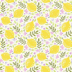 Cute seamless pattern with hand drawn lemon, flowers and leaves. On white background
