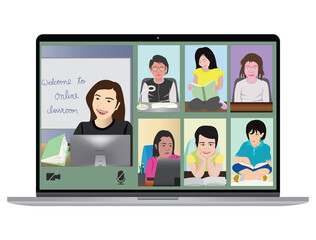 Fototapeta na wymiar Vector Illustration of Online Classroom with multiple Kids