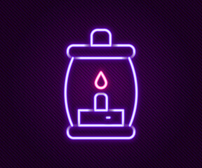 Obraz premium Glowing neon line Camping lantern icon isolated on black background. Happy Halloween party. Colorful outline concept. Vector