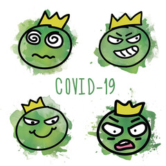 drawing green smiley with a crown on their head coronavirus