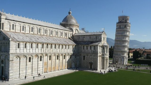 Aerial footage drone view of Pisa Tower in Italy// no video editing