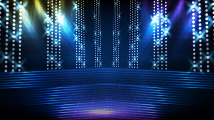 Abstract futuristic blue background of glowing stage with beautiful spotlight ray