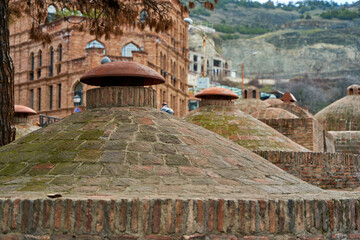 Popular city landmark in Tbilisi. Ancient underground complex of sulfur baths