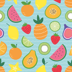 Tropical fruits seamless pattern, summer bright background wallpaper.