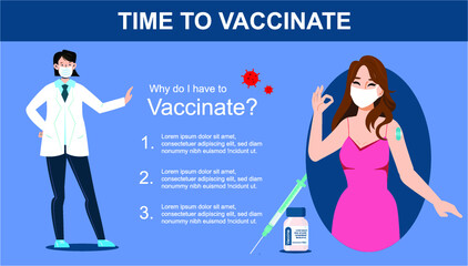 Fototapeta premium Time to Vaccinate. Corona Virus, Covid-19 vaccination awareness concept. Flat style illustration. 
