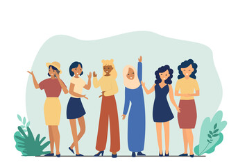 Obraz premium Vector set illustration of diverse cartoon women and men of various races. Crowd of cheerful young men and women holding smartphones, talking. Vector illustration isolated on white background.