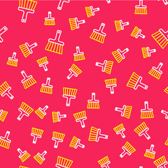 Line Handle broom icon isolated seamless pattern on red background. Cleaning service concept. Vector