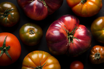 Top view of fresh tomatoes on a black table