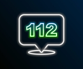 Glowing neon line Telephone with emergency call 112 icon isolated on black background. Police, ambulance, fire department, call, phone. Colorful outline concept. Vector
