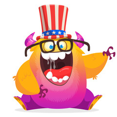 Cartoon funny monster wearing American uncle Sam hat on USA Independence Day . Vector illustration of alien creature character. Design for print, poster