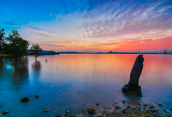 Enjoy the sunset on the marina beach with mangrove trees and rocks