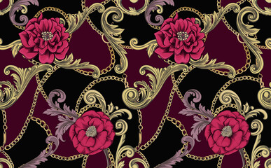 Chic print with red flowers and gold chains and baroque elements. Luxurious seamless pattern. 