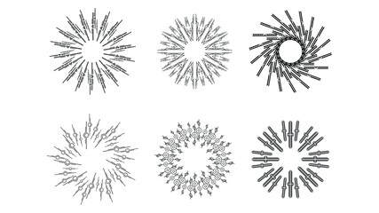 Set Abstract Collection Starburst Sunburst Sunset Black Line Doodle Design Elements Bursting Rays Sunrise Light Radiant Spark Vector Design Style