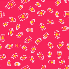 Line Nuclear energy battery icon isolated seamless pattern on red background. Vector